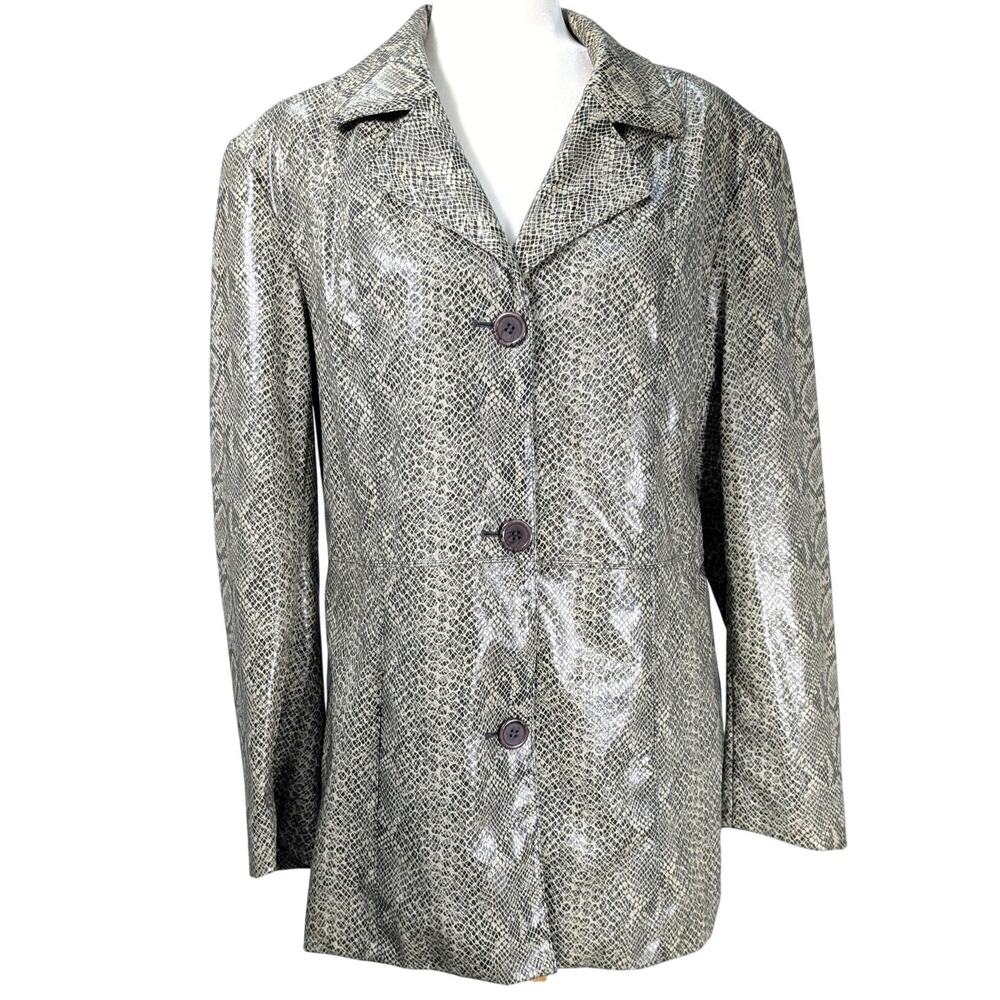 Vintage 90s/Y2K Fu Da New York Faux Snakeskin Grey Collared Jacket Size Large